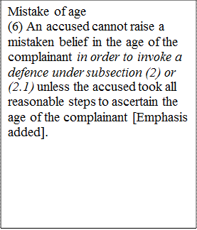 Mistake of age
(6) An accused cannot raise a mistaken belief in the age of the complainant in order to invoke a defence under subsection (2) or (2.1) unless the accused took all reasonable steps to ascertain the age of the complainant [Emphasis added].

